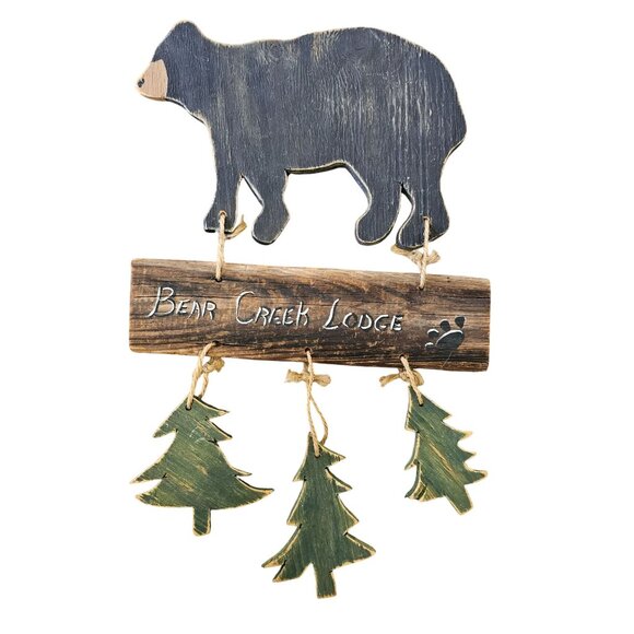 Bear Creek Lodge Wooden Bear & Pine Tree Wall Hanging Decor Cabin Rustic - Picture 1 of 9